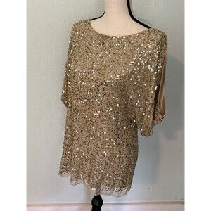ADRIANNA PAPELL EVENING ESSENTIALS Cold Shoulder Gold Sequin Top Women’s Size M